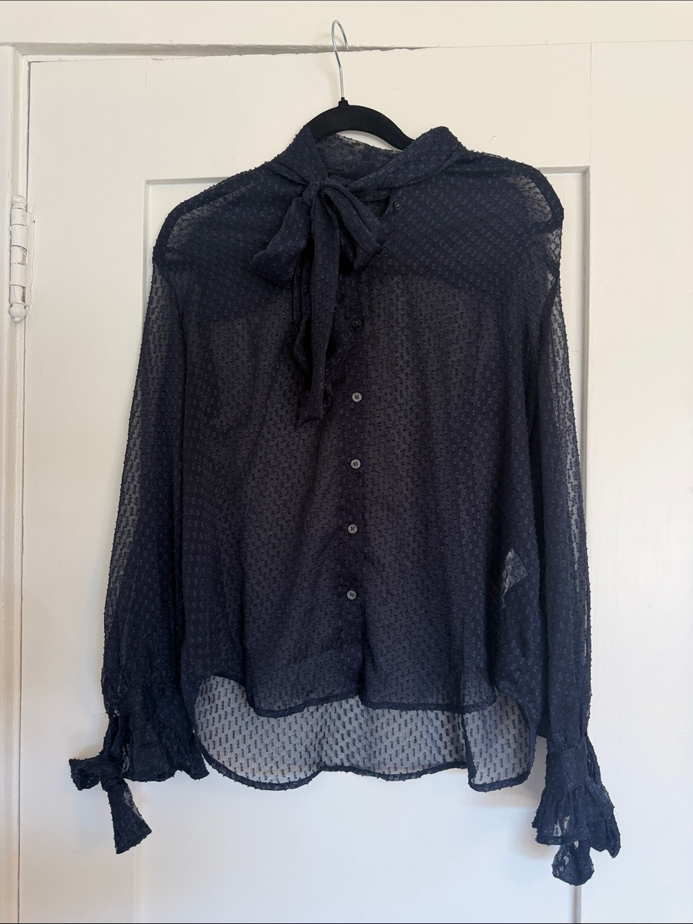 Banana Republic Navy Sheer Tie-Neck Blouse